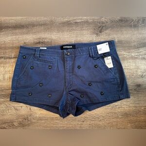 NWT Express Low-Rise Shortie Shorts - Blue w/Black Flower Appliques